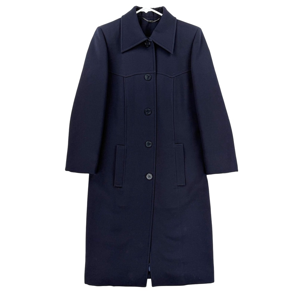 Celine Coat Womens 40‎ Blue Wool Twill Long Single Breasted Overcoat Made France
